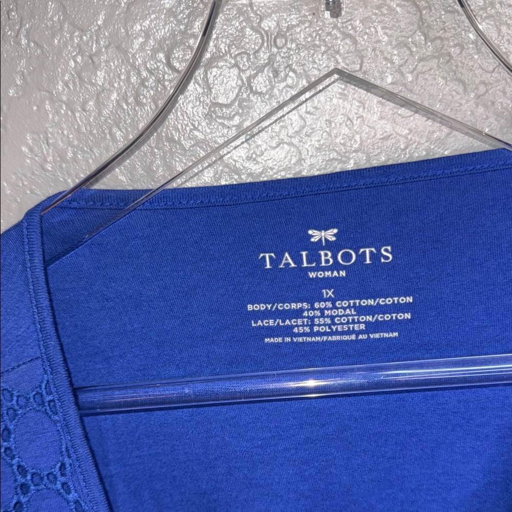Talbots Cobalt Blue Short Sleeve Eyelet Knit Tee - Picture 3 of 5